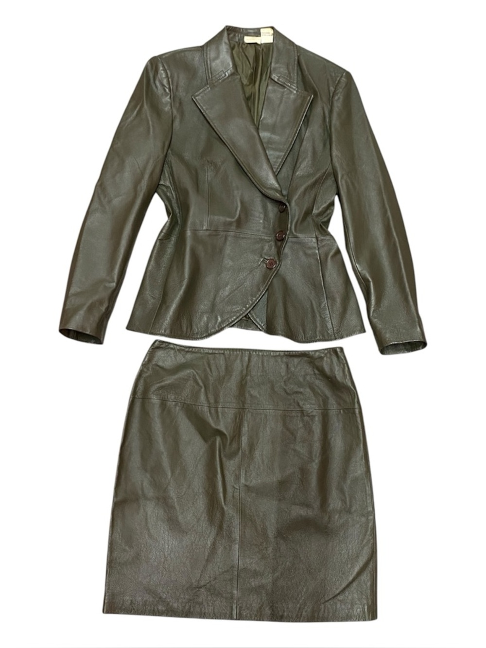 Newport News Two-Piece Dark Olive Leather Skirt Suit